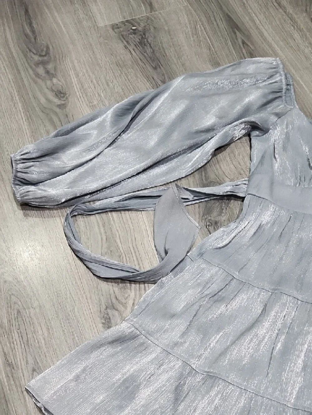 NWT Pinch Metallic Silver Shimmer Tiered Long-Sleeve Mini Dress - Picture 3 of 6